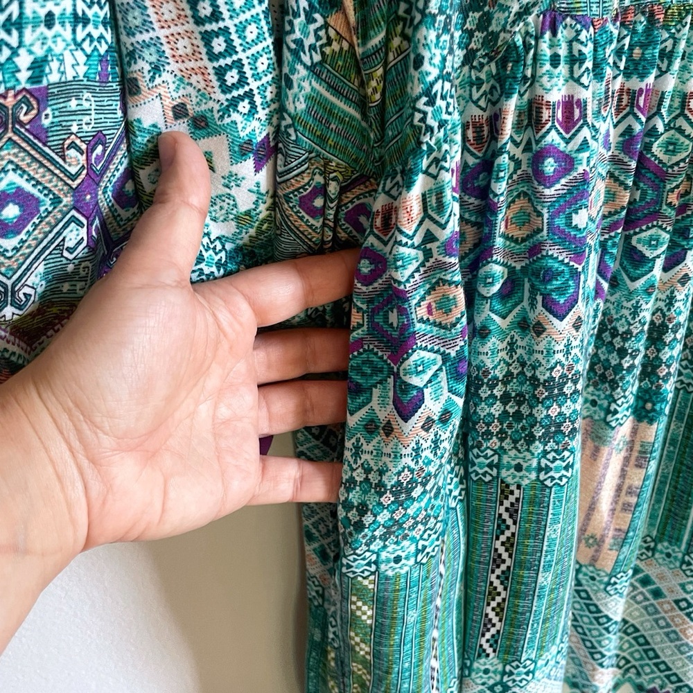 Multicolored Teal Boho Print Peasant Dress with Tassel Tie by Umgee Cruise Wear - Picture 6 of 7
